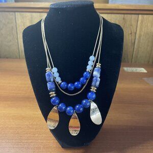 HALOGEN Womens Layered Gold Tone Blue Marbled Stone Multilayered Drop Necklace